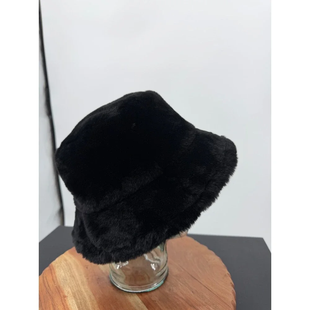 INC International Concepts Faux Fur Bucket Hat Womens OS Black Plush Cozy